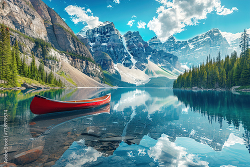 Red canoe on a serene mountain lake