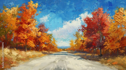 An old country road lined with autumn trees, their leaves a blaze of color, and the sky overhead a clear, deepening blue as evening approaches.
