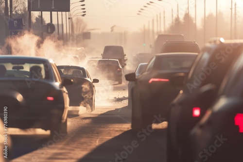 Golden hour smog over crowded road