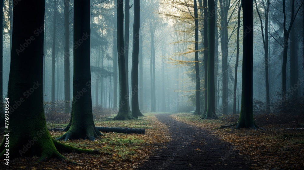 Naklejka premium A serene woods in the morning mist