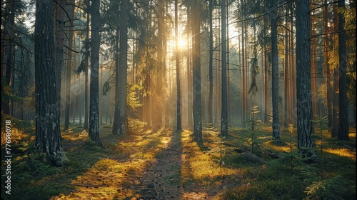 Mysterious forest, trunks of fir trees and pine trees, a ray of sunlight breaks through the tree trunks. Generative AI. © visoot