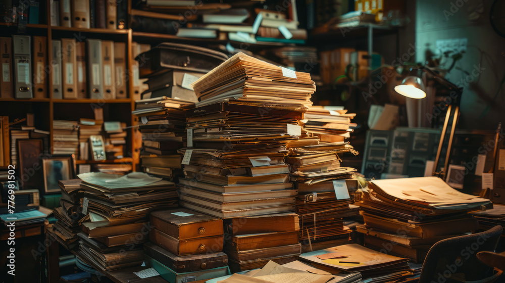 Moody image of a large pile of old books and papers in a dimly lit room evoking nostalgia Moody image of a large pile of old books and papers in a dimly lit room evoking nostalgia