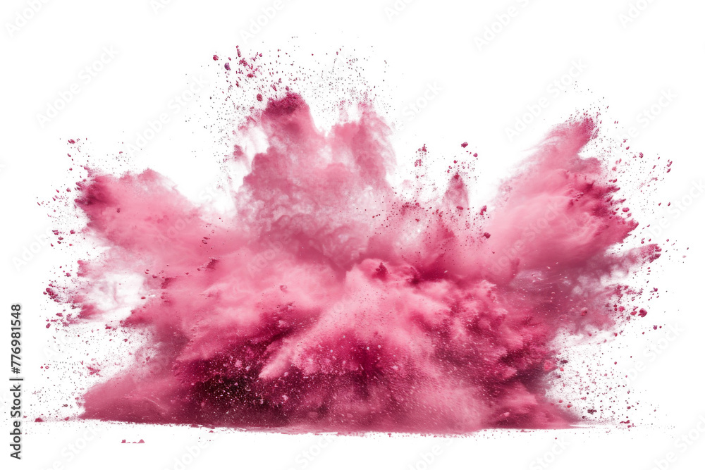 Pink color powder explosion splash with freeze isolated on background, abstract splatter of colored dust powder.