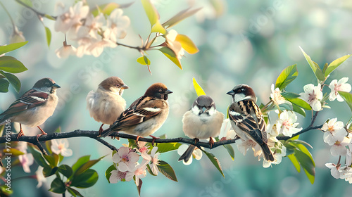 Sparrows Perched on a Cherry Blossom Branch in Spring. A Serene Scene with Wildlife and Flora Interacting. Perfect for Nature Themes and Decorative Prints. AI © Irina Ukrainets