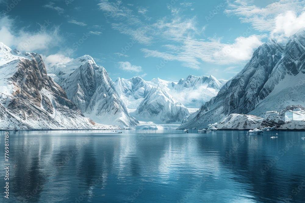 custom made wallpaper toronto digitalSnowy mountains with a grand cove in front, artistically composed to highlight the contrast between rugged peaks and calm waters.