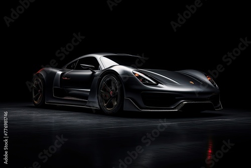black sports car parked in a dark room. The car has a streamlined design, LED headlights, and black rims.