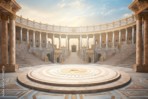 a majestic palace with columns and a circular stage. The stage is made of marble and has a circular pattern in the center. The columns are made of stone and have a circular pattern in the center. 