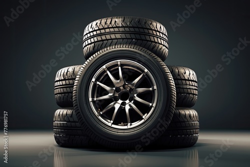 A stack of tires stacked on top of each other. The tires are of different sizes and shapes. Some tires have chrome rims. The background of the photo is black.