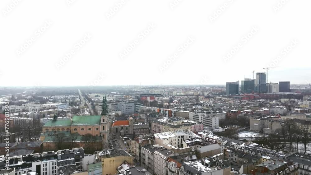 Panorama of the winter and snow-covered Old Town in the center of Poznań in January taken by a drone. Panorama of the winter and snow-covered Old Town in the center of Poznań in January taken by a drone.