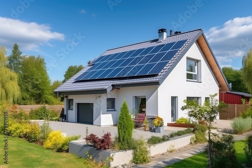 white house with solar panels on the roof. The house is located in the countryside, surrounded by trees.