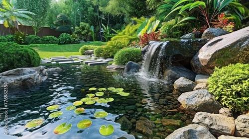 An Enchanting Backyard Setting with a Refreshing Pond  Trimmed Bushes  and a Delightful Small Waterfall