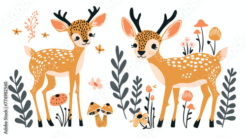 Cute hand drawn wild animal character with antlers 