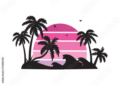 silhouette of wave and palm trees vector, pink sunset.  wave vector silhouette. palm seascape with pink sunset vector silhouette