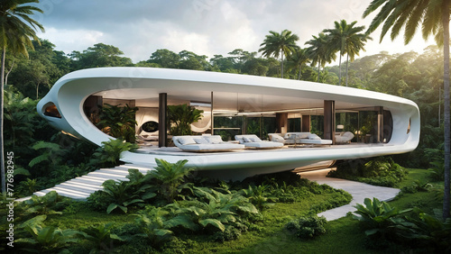 Luxurious futuristic Villa Overlooking deep green tropical forest. Luxury panoramic forest view. © Sea Wave