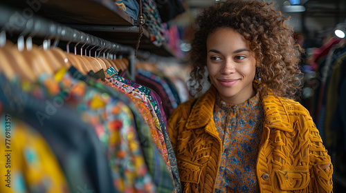 Smiling young woman browsing through clothes at a vintage shop, with a focus on colorful garments and a bohemian style jacket she's wearing.