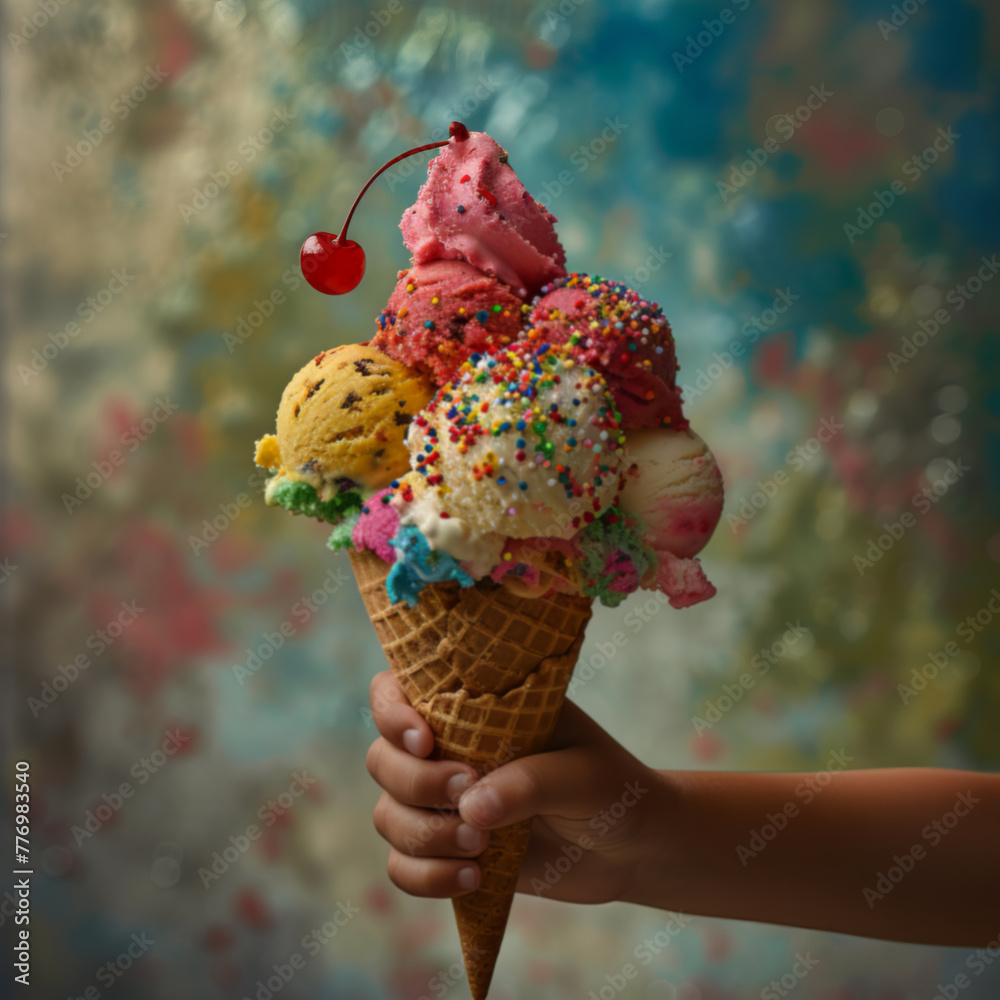 Child's Hand Holding a Colorful Ice Cream Cone with Sprinkles and Cherry
