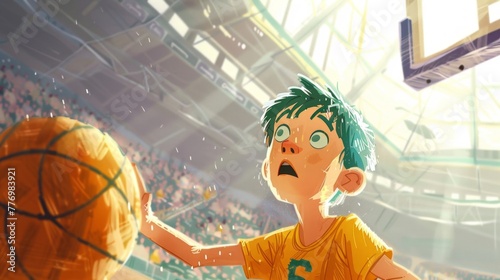 A Boy playing basketball indoor basketball court stadium, Kid sport player. Children book illustration