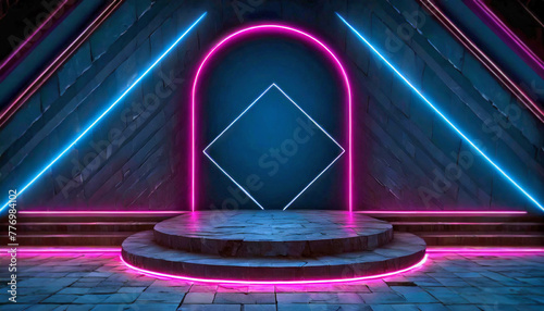 Podium decorated with blue and pink lights, AI generated