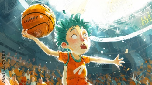 A Boy playing basketball indoor basketball court stadium, Kid sport player. Children book illustration