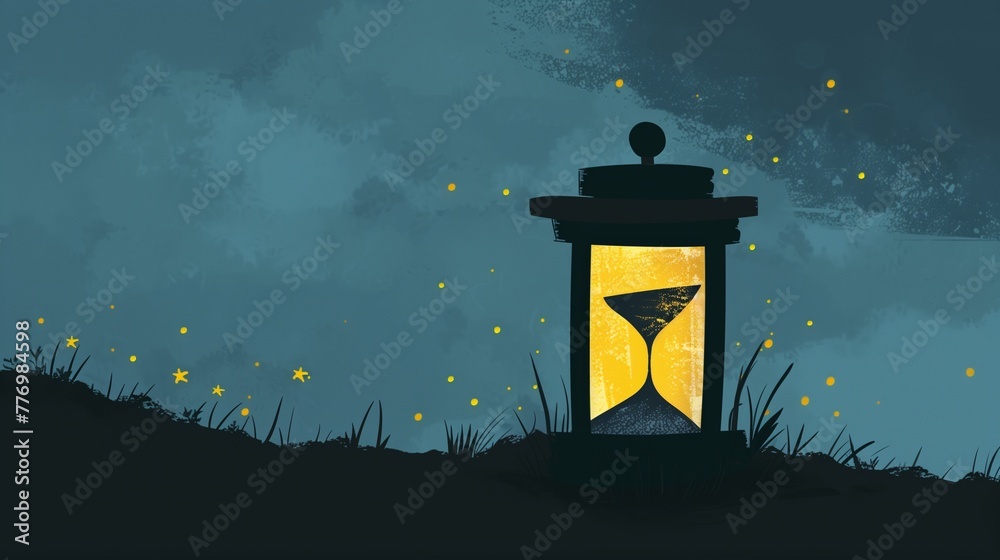 Illustration of the passage of time. Hourglass with sands flowing down against a backdrop of the twinkling cosmos, symbolizing the ephemeral and transient nature of existence within the vast universe.