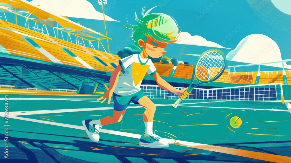 A Boy with racket in his hand playing tennis on the court, Kid sport player. Children book illustration