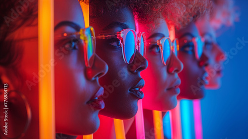 Cropped portraits of group of people on multicolored background in neon light.