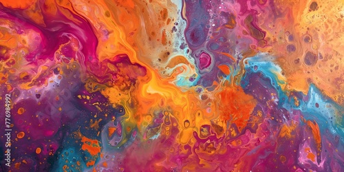 Mesmerizing abstract liquid paint pattern with vibrant swirls of orange, purple, and blue, reminiscent of a cosmic nebula in fluid motion