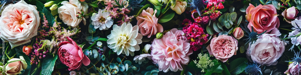 A cluster of different flowers displayed on a vertical surface, forming a colorful and vibrant arrangement A cluster of different flowers displayed on a vertical surface, forming a colorful and vibrant arrangement