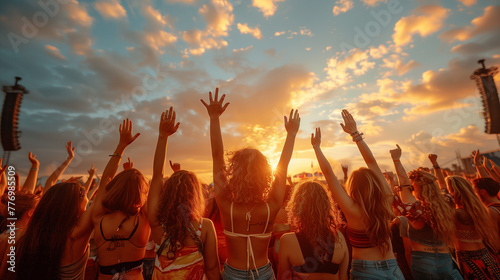 Energetic group of friends, hands in the air, lost in the melody of their favorite band on a warm evening.