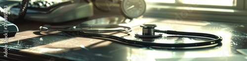 A stethoscope lies on a desk beside a clock and spectacles, bathed in natural sunlight photo