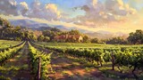 Sunset Vineyard with Mountain Views Painting