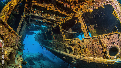 A weathered, rusted ship floats aimlessly in the vast expanse of the ocean, showing signs of abandonment and decay