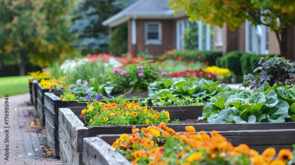 Wooden planters in a row filled with colorful flowers, blooming in various hues Wooden planters in a row filled with colorful flowers, blooming in various hues