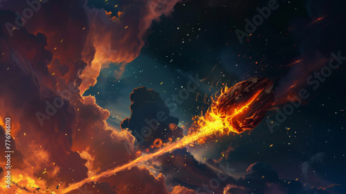 A stylized painting of a meteorite falling towards Earth