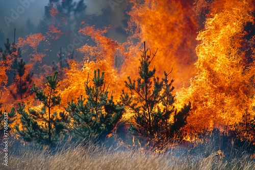 Flames devouring young pine trees