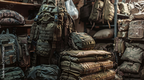 A highly detailed image portraying various military tactical gear and bags arranged for display photo