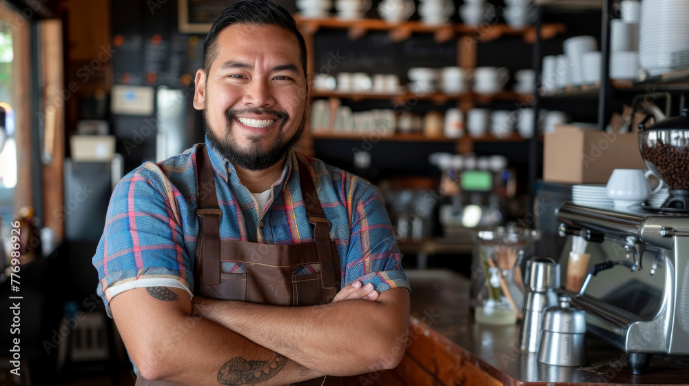 Obraz premium The Hispanic or Latinx owner of the small coffee shop business smiled and crossed his arms