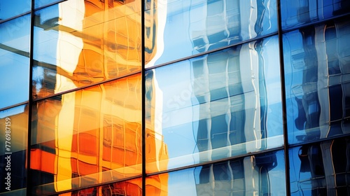 Glass windows create a kaleidoscope of office reflections in vivid colors