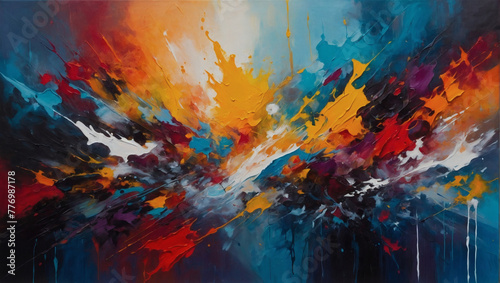 Vivid abstract oil painting on canvas, a riot of colors blending seamlessly to create a mesmerizing backdrop.