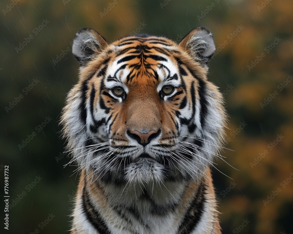 Fototapeta premium Close up of a Siberian tiger, set against a lush forest background that enhances the animals majestic charm
