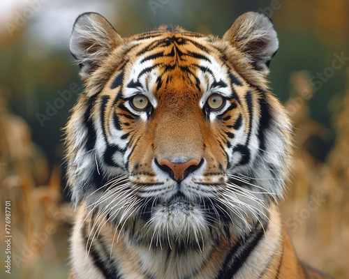 Close up of a Siberian tiger  set against a lush forest background that enhances the animals majestic charm