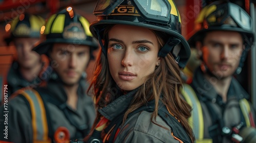 Group of male and female firefighters wearing their firefighting uniforms inside of a firehouse. Generative AI.