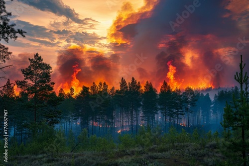 Dramatic sunset over a raging forest fire © grape_vein