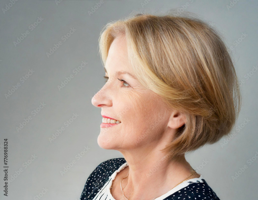 beautiful profile blonde senior caucasian woman portrait blond smiling looking aside away on white background beautiful profile blonde senior caucasian woman portrait blond smiling looking aside away on white background