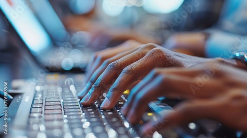 Close-up of hands typing on keyboards simultaneously, illustrating efficient teamwork in a tech-savvy environment.