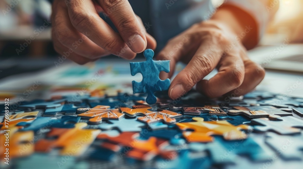 Hands assembling jigsaw puzzle pieces with a blurred image of a successful business outcome in the background. Hands assembling jigsaw puzzle pieces with a blurred image of a successful business outcome in the background.
