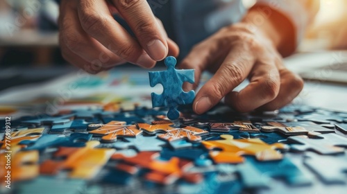 Hands assembling jigsaw puzzle pieces with a blurred image of a successful business outcome in the background.