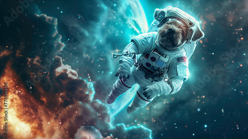 Dog astronaut waring space suite and exploring the undiscovered things in space. closeup view of astronaut dog. photo