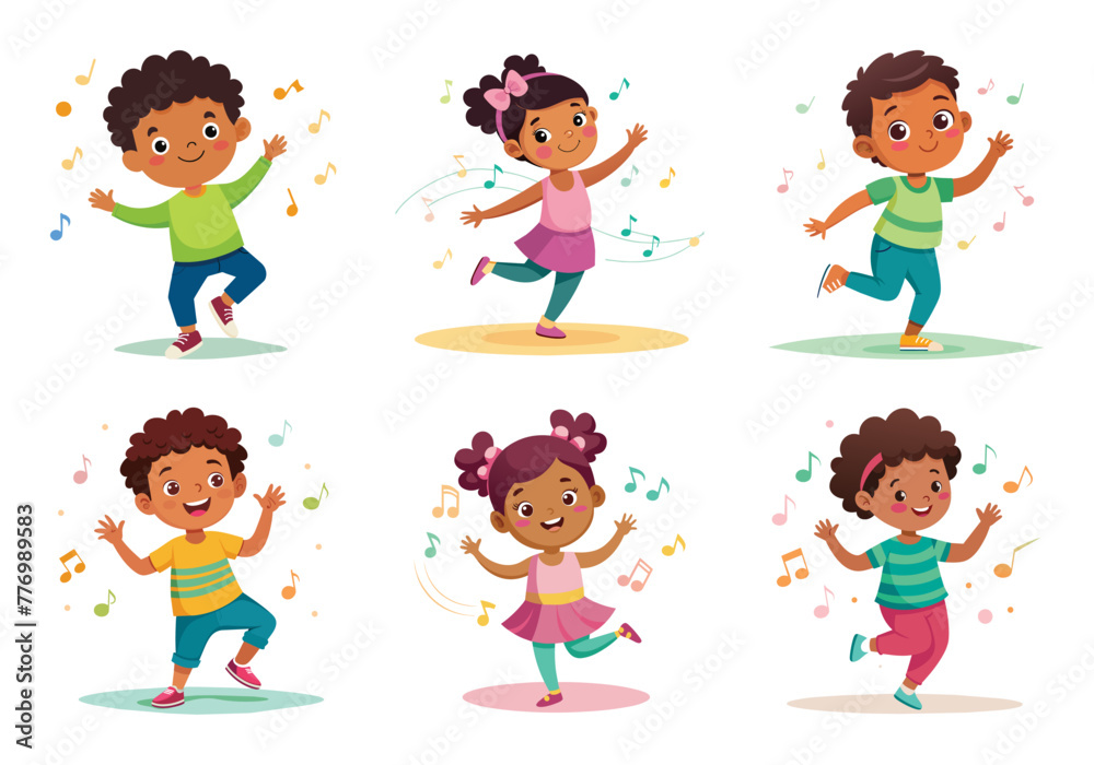 Energetic children dancing and enjoying music, vector cartoon illustration. Energetic children dancing and enjoying music, vector cartoon illustration.