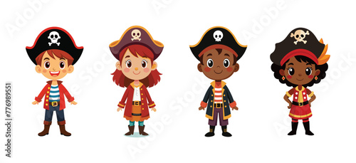 Adventurous kids in pirate outfits with hats and swords, vector cartoon illustration.